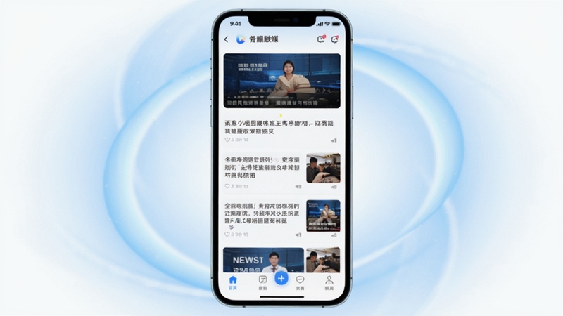 国民融媒体软件主界面全貌展示,画面中央为手机屏幕内呈现新闻资讯瀑布流与底部导航栏,背景区域为浅蓝色渐变抽象光晕,整体风格简洁现代,适配Boogu模型生成