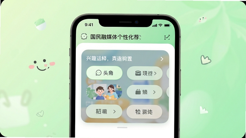 国民融媒体个性化推荐设置界面,画面主体为手机屏幕中显示的兴趣标签选择面板,背景区域为淡绿色清新渐变,图标与文字清晰可见,风格友好亲切