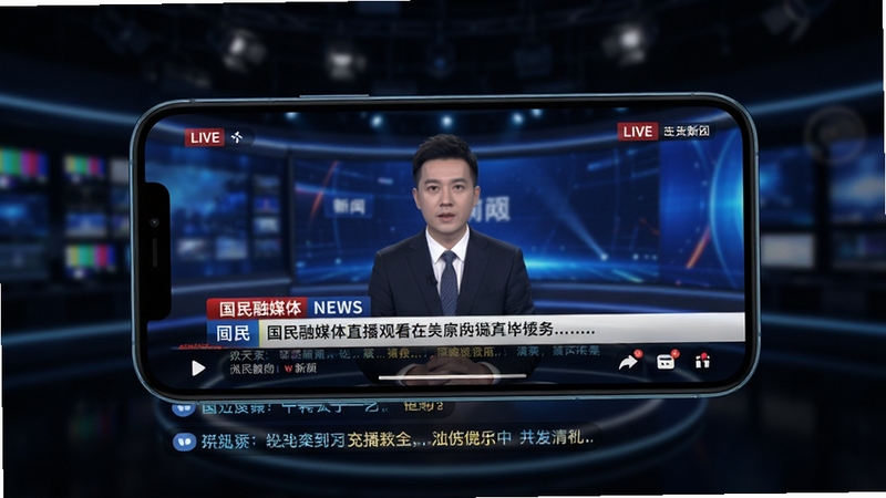 国民融媒体直播观看界面,画面中央为手机横屏播放新闻直播画面,背景区域为深色演播厅虚化效果,屏幕下方有互动评论滚动条,整体科技感十足