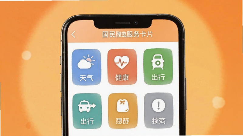 国民融媒体便民服务卡片展示,画面中央为手机屏幕中排列的天气、健康、出行等功能图标网格,背景区域为暖橙色柔光,传递温暖贴心的服务理念