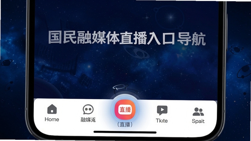 国民融媒体直播入口导航界面,画面主体为手机屏幕底部导航栏高亮显示直播图标,背景区域为深蓝色星空渐变,营造出视听盛宴的期待感