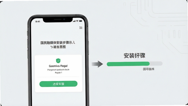 国民融媒体安装步骤示意图,画面主体为手机屏幕显示安装权限开启与进度条界面,背景区域为浅灰色极简风格,突出操作指引的清晰性