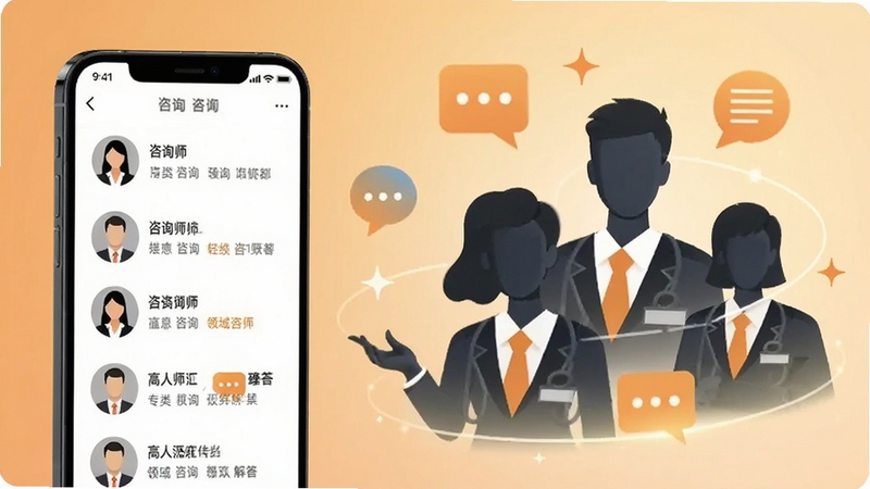 高人汇咨询多领域咨询师在线解答场景,画面左侧为手机屏幕显示咨询师列表和分类标签,右侧为抽象的专家形象剪影围绕屏幕,背景为温暖的浅橙色渐变,点缀对话图标和星星元素,体现专业、可信赖的咨询氛围