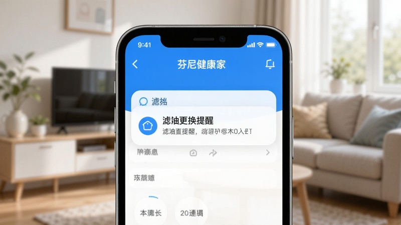 芬尼健康家APP消息提醒页面,手机弹出滤芯更换提醒通知,界面简洁清新,蓝白配色,居家场景背景虚化