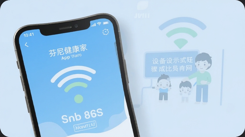 芬尼健康家APP设备配网引导页面截图,手机显示WiFi连接步骤示意图,简洁扁平化设计风格,浅蓝色调