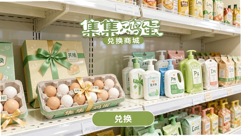 集集鸡蛋 兑换商城页面 画面展示货架上摆放着鸡蛋礼盒和日用品 界面有兑换按钮 背景是简洁的超市货架 风格清新明快