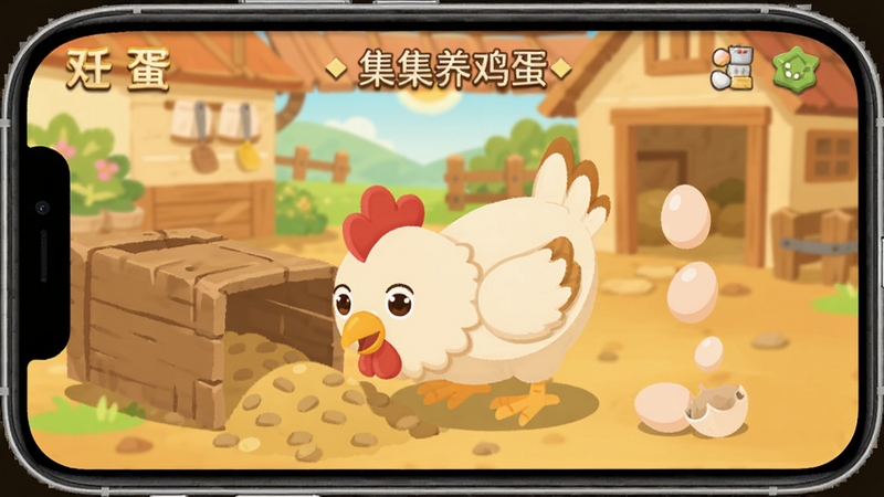 集集鸡蛋 任务养鸡界面 手机屏幕中显示一只卡通鸡正在吃饲料 旁边有鸡蛋掉落动画 背景是温馨的农家小院 色彩温暖柔和 扁平卡通风格
