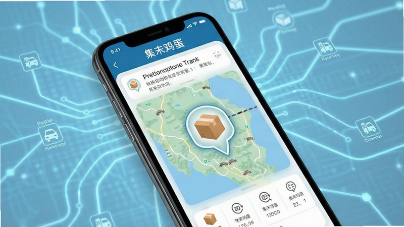 集集鸡蛋 物流查询界面 手机屏幕显示快递跟踪地图和包裹图标 背景是浅蓝色物流网络线条 简洁科技感风格