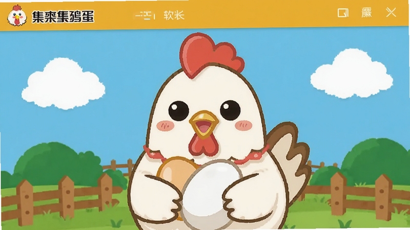 集集鸡蛋 软件主界面 画面中央展示一只可爱的卡通母鸡抱着鸡蛋 背景是蓝天绿地和农场栅栏 色彩明亮活泼 扁平化插画风格