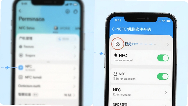 ����NFCԿ���������ֻ��ϵ�Ȩ��������NFC�������������ͼ���ͼƬ�������������ֻ���Ļ��ʾӦ��Ȩ�޹����б���NFC���ش��ڿ���״̬����������Ϊ�ֻ�ϵͳ���ý�����黯Ч����ɫ��Ϊ��ˬ��ǳɫϵ��ͻ���������������ָ��