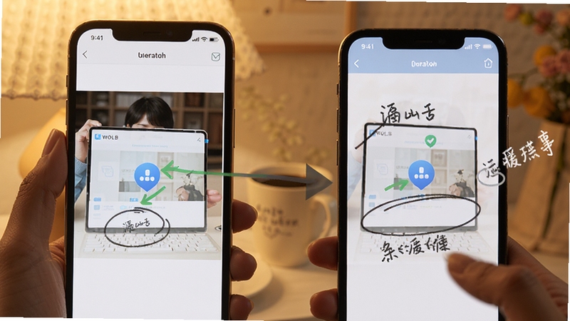 WOLB远程协助场景示意图,画面中一部手机屏幕共享给另一部手机,屏幕上显示操作标注箭头与手写圈注,背景为柔和暖色调,体现远程帮助的便捷与温暖