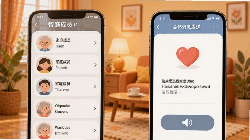 智关爱远程关爱功能界面,手机屏幕展示家庭成员列表和关怀消息发送页面,有爱心图标和语音按钮,背景为暖色调居家场景,温馨氛围,扁平化插画风格,高清细节