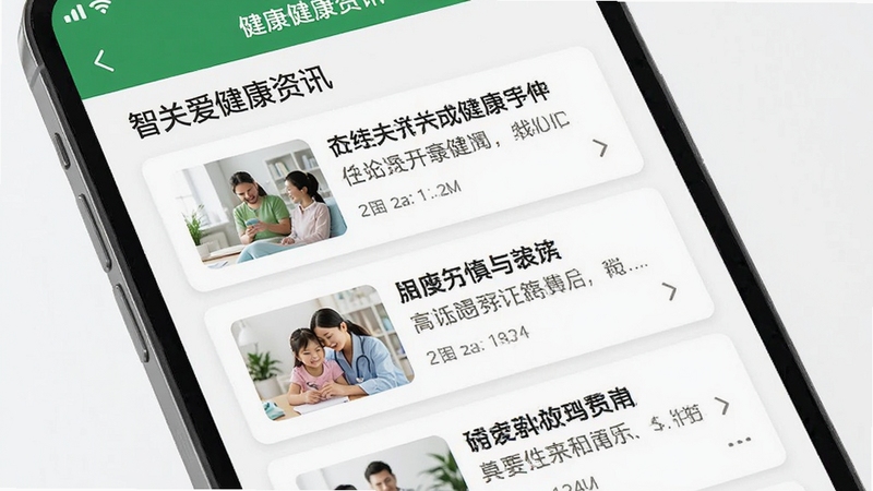 智关爱健康资讯页面展示,手机屏幕显示健康科普文章列表,有标题和缩略图,界面简洁,绿色健康主题色,背景为白色,扁平化卡片式布局,高清渲染