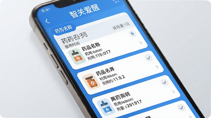 智关爱用药提醒功能展示,手机屏幕显示多条用药提醒通知卡片,卡片上有药品名称、服用时间和剂量信息,界面清爽,蓝白配色,背景为浅灰色渐变,扁平化设计