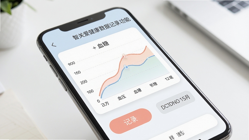 智关爱健康数据记录功能界面展示,手机屏幕特写显示血压血糖趋势折线图,图表清晰,配色柔和,旁边有记录按钮和日期选择器,背景为干净的桌面环境,扁平化UI风格,高清渲染