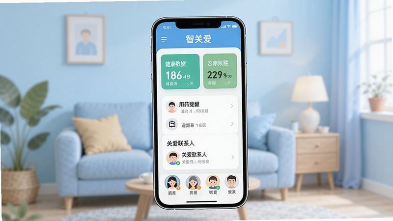 软件核心全貌展示,画面主体为一部智能手机屏幕显示智关爱应用首页界面,界面中包含健康数据卡片、用药提醒列表和关爱联系人头像,背景为温馨的居家环境,浅蓝色调,扁平化设计风格,高清细节,适合软件下载站展示