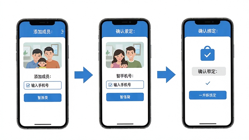 智关爱家人绑定操作流程示意图,手机屏幕分步展示添加成员、输入手机号、确认绑定的界面,步骤清晰,箭头引导,蓝白配色,扁平化设计风格,高清渲染