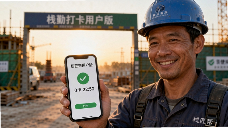 栈匠帮用户版 考勤打卡成功页面 工人微笑看着手机 屏幕显示绿色对勾和打卡时间 背景为清晨的工地入口 温暖色调 生活化场景 突出便捷感