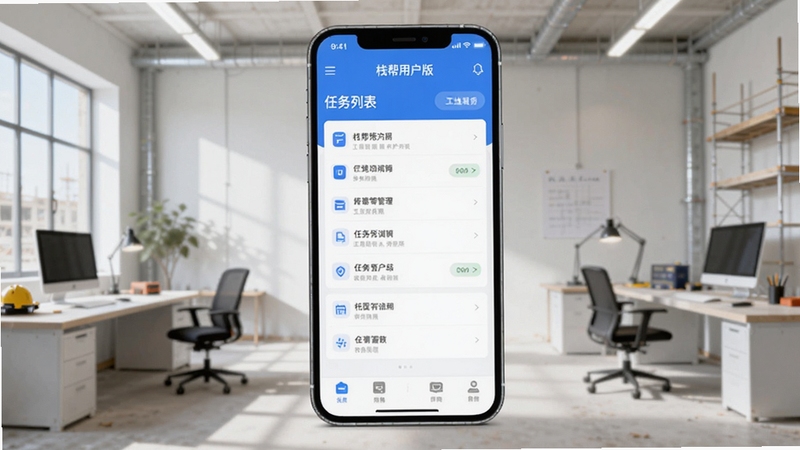 栈匠帮用户版 手机工程管理界面 工地现场 任务列表 蓝色主色调 现代扁平化设计 手机屏幕居中展示 背景为简洁的工地办公室环境 光线明亮 细节清晰 适合应用商店展示图