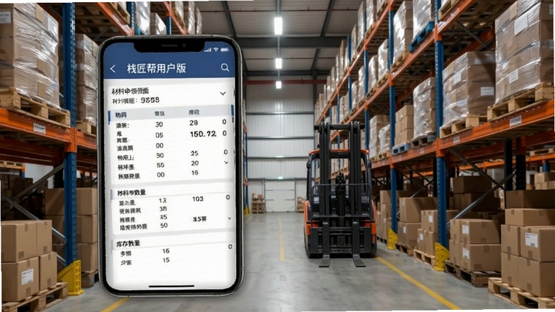 栈匠帮用户版 材料申领界面 手机屏幕显示物料清单和库存数量 背景为整洁的仓库货架 工业风格 光线均匀 细节丰富