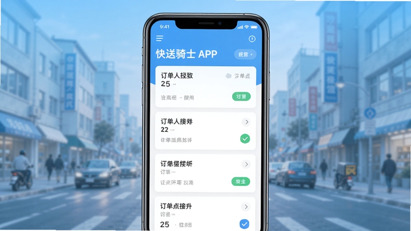快送骑士APP主界面在手机屏幕上清晰展示,画面主体为手机正中央的订单大厅列表,背景为浅蓝色渐变城市街道虚化场景,整体风格简洁明快,突出配送接单氛围,高清细节,适配Boogu模型生成