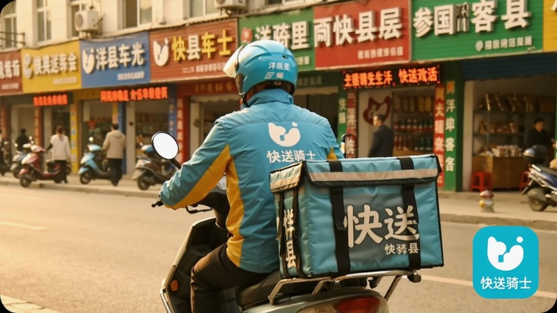快送骑士骑手在洋县街道骑行配送的场景,画面主体为骑手背影与电动车,背景为县城街道与商铺招牌,色调温暖明亮,突出同城配送生活气息,画面角落带有快送骑士软件名称
