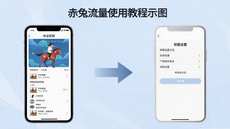 赤兔流量使用教程示意图,画面左侧为手机安装界面,右侧为权限设置面板,中间用箭头连接,背景为淡蓝色渐变,整体风格清晰直观,适配Boogu模型生成