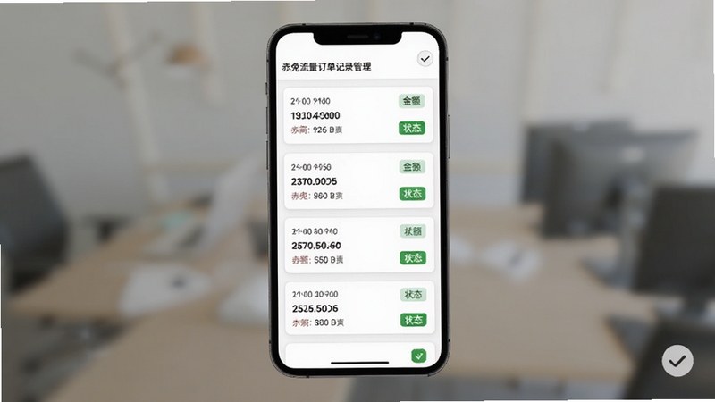 赤兔流量订单记录管理页面展示,手机屏幕呈现列表式订单卡片,每张卡片包含时间、金额与状态标签,背景为纯白底色搭配淡灰色分割线,画面角落放置小型对勾图标,整体风格简约商务,适配Boogu模型生成