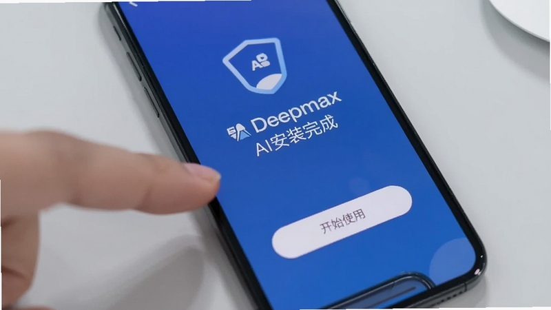 �ֻ���Ļ��д����ʾDeepmax����AI��װ��ɺ�Ļ�ӭҳ�棬�Ա�����ָ�������ʼʹ�á���ť������Ϊǳ��ɫ���棬����ɾ����