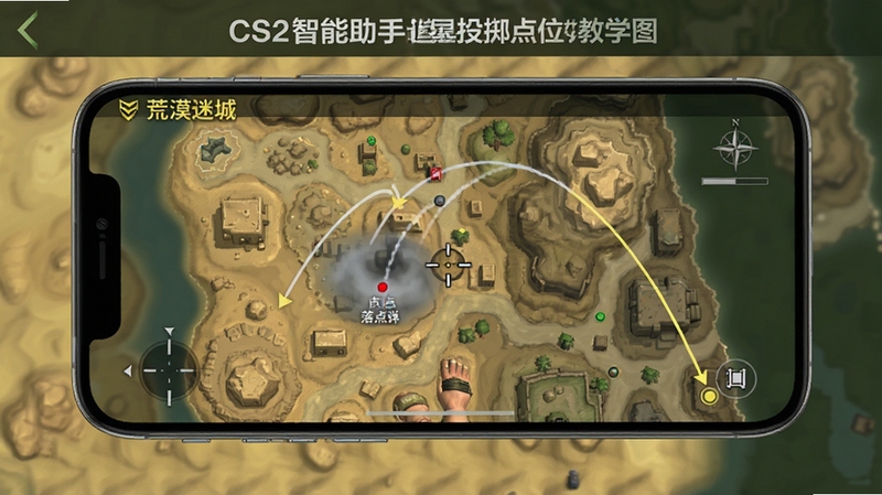 CS2�������ֵ���Ͷ����λ��ѧҳ�棬�ֻ���Ļչʾ��Į�Գǵ�ͼ���������ʾ��ͼ��������������׼���������߹켣������Ϊս����ͼ����ͼ��ɫ����ɳ����ī��Ϊ��
