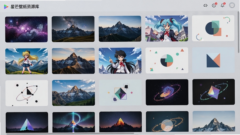 星芒壁纸资源库界面,画面展示整齐排列的高清壁纸缩略图网格,背景为浅灰色磨砂质感,壁纸内容包含星空、山川、动漫角色、极简几何图形等多样风格,画面明亮清新,突出海量资源与分类清晰的特点。