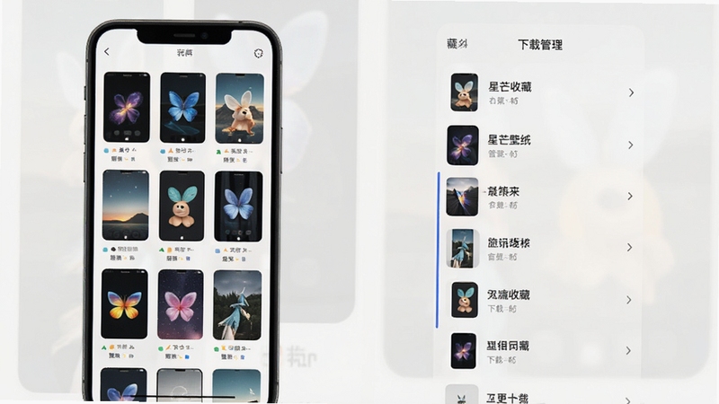 星芒壁纸收藏夹与下载管理界面,画面展示手机屏幕中排列整齐的已收藏壁纸缩略图与下载列表,背景为素雅浅色,突出管理便捷与界面清爽。
