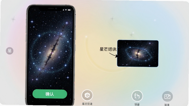 星芒壁纸一键设置操作界面,画面展示手机屏幕正在应用一张星空壁纸,屏幕边缘有确认按钮与预览框,背景为柔和渐变光晕,突出操作简单快捷的特点。