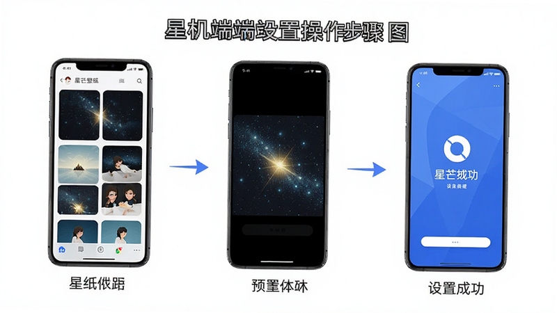 星芒壁纸手机端设置操作步骤示意图,画面展示手机屏幕中从壁纸列表到预览再到设置成功的完整流程,背景为简洁白色,突出步骤清晰易懂。