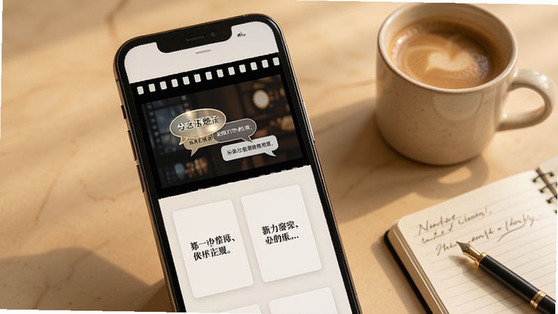 截图拼台词模板套用功能展示图,画面主体为手机屏幕显示多种风格的台词拼接模板预览,包括电影胶片边框、对话气泡样式和简约卡片布局,背景为温暖的米黄色调,屏幕旁放置一杯咖啡和笔记本,营造轻松创作氛围