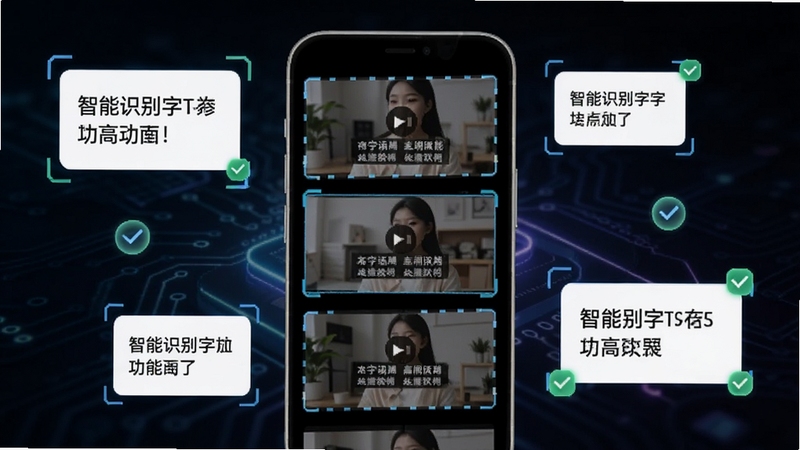 截图拼台词软件智能识别字幕功能的界面展示图,画面主体为手机屏幕中央显示多张视频截图被自动框选出字幕区域,背景为深色科技感渐变,屏幕周围漂浮着文字识别框与对勾图标,突出智能高效的产品特点