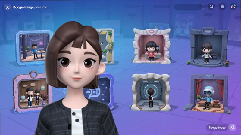 元我宙Mever主界面全景展示,画面中心偏左位置呈现一位用户自定义的3D虚拟形象,背景为充满未来感的数字社交广场,周围环绕多个不同风格的虚拟空间入口,整体色调以蓝紫渐变为主,科技感与社交氛围并重,Boogu-Image生成,高清画质,细节丰富