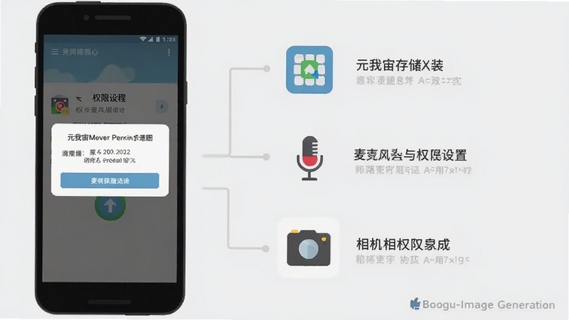 元我宙Mever安装与权限设置示意图,画面以手机屏幕截图风格展示安装流程中的权限请求弹窗,旁边配有简洁的图标说明存储、麦克风、相机权限用途,背景为浅灰色,整体清晰易懂,适合新手参考,Boogu-Image生成,扁平化设计,信息图风格