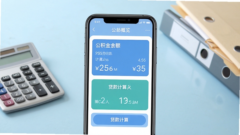 手机公积金计算宝软件主界面展示,画面中央为手机屏幕正视图,屏幕内显示公积金余额概览与贷款计算入口按钮,背景为浅蓝色渐变办公桌面环境,桌面摆放计算器与文件夹,整体风格清爽商务,适配Boogu模型生成