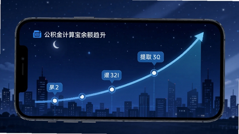手机公积金计算宝余额趋势模拟图,手机屏幕呈现一条向上攀升的余额曲线与提取节点标记,背景为深蓝夜空与城市剪影,科技感十足,适配Boogu模型生成