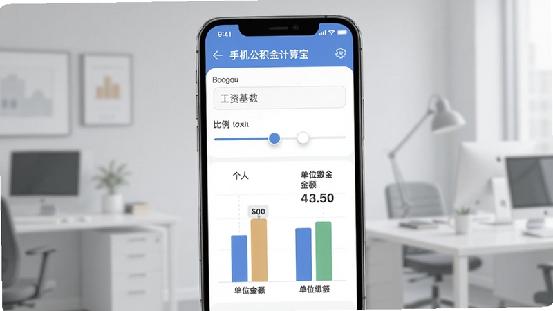 手机公积金计算宝缴存测算界面,手机屏幕显示工资基数输入框与比例滑块,下方呈现个人与单位缴存金额对比柱状图,背景为淡灰色简约办公场景,光线柔和,适配Boogu模型生成