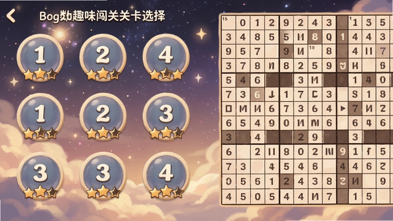 ����Ȥζ���عؿ�ѡ����棬�����������Ŷ��Բ�ιؿ���ť��ÿ����ť�ϱ�ע���������Ǽ���������һƬ�λõ��ǿ����ƶ䣬�����Ҳ���һ��15x15�Ĵ����������ֲ̾���д������ɫ�������ů���ʺ�Booguģ������