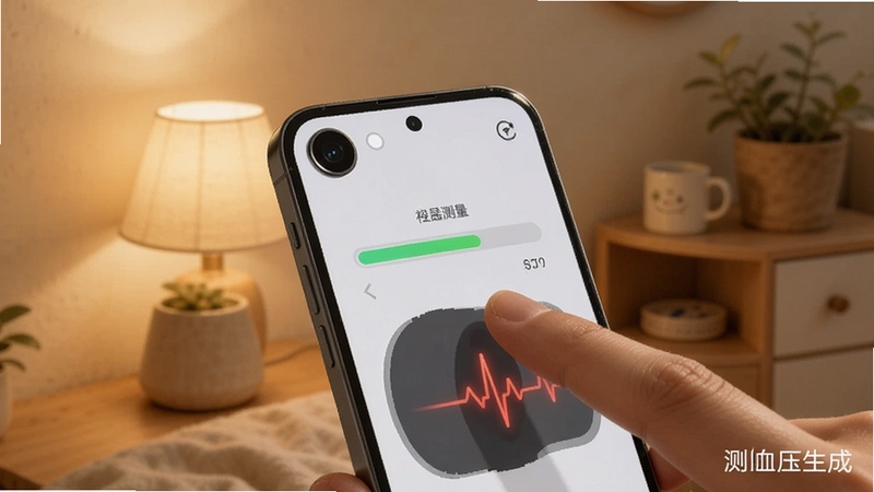 手机测血压一键测量功能特写,画面主体为手指轻触手机背面摄像头区域,手机屏幕亮起显示测量进度条与心跳动画,背景为柔和暖光室内环境,画面中带有手机测血压应用名称水印,适配Boogu模型生成