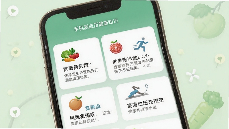 手机测血压健康知识科普页面,手机屏幕显示图文并茂的健康小贴士卡片,配有蔬菜水果与运动图标,背景为淡绿色清新风格,画面中融入手机测血压应用名称,适配Boogu模型生成