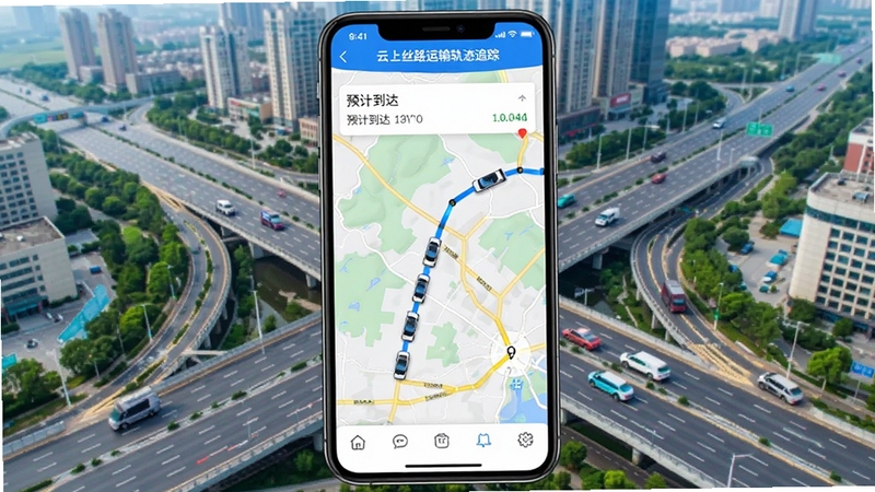 云上丝路运输轨迹追踪界面,手机屏幕显示地图上的车辆移动轨迹与预计到达时间,背景为城市道路俯瞰图,色调明亮清晰