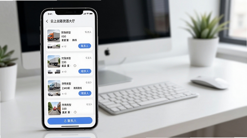 云上丝路货源大厅列表界面,手机屏幕展示多条货源卡片,包含货物类型、重量、路线与联系人按钮,背景为简洁的办公桌面环境