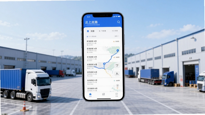 云上丝路软件主界面展示,画面中央为手机屏幕悬浮在物流园区背景上方,屏幕内显示货源列表与地图轨迹,背景有货运卡车与仓储建筑,整体色调为科技蓝与白色,风格简洁商务