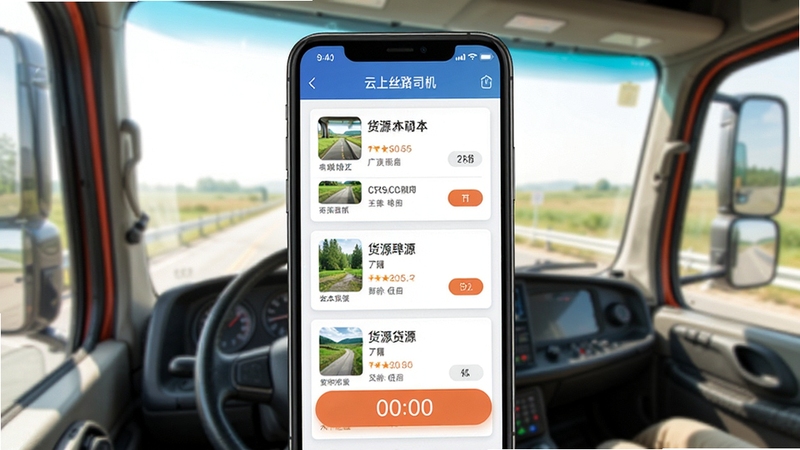 云上丝路司机端抢单大厅界面,手机屏幕显示多条货源卡片与倒计时按钮,背景为卡车驾驶室视角,光线明亮自然