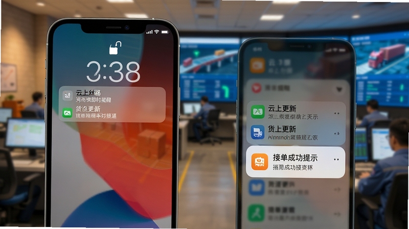 云上丝路消息即时提醒界面 手机锁屏通知与app内弹窗同步展示 货源更新与接单成功提示醒目 背景为忙碌的物流调度中心 柔和暖光与科技蓝交织 写实风格