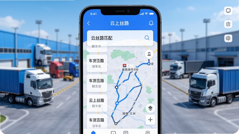 云上丝路物流app下载安装步骤 手机屏幕展示云上丝路应用主界面 车货匹配列表与地图轨迹清晰可见 背景为现代物流园区与货运卡车 明亮科技蓝主色调 扁平化UI设计风格 细节精致 高清渲染